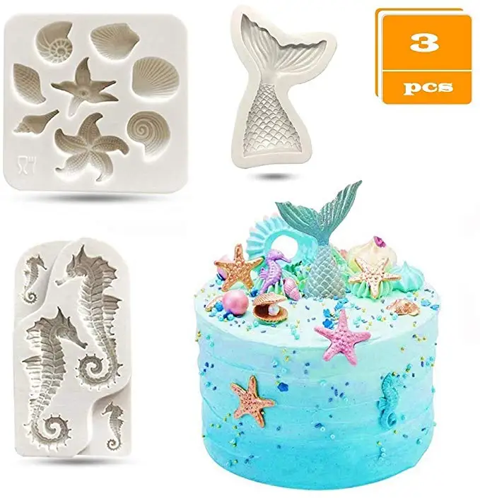 Mermaid Theme Cake Fondant Mold -for Under The Sea Cake Decoration  Seahorse Seashell Starfish Mermaid Tail Silicone Mold