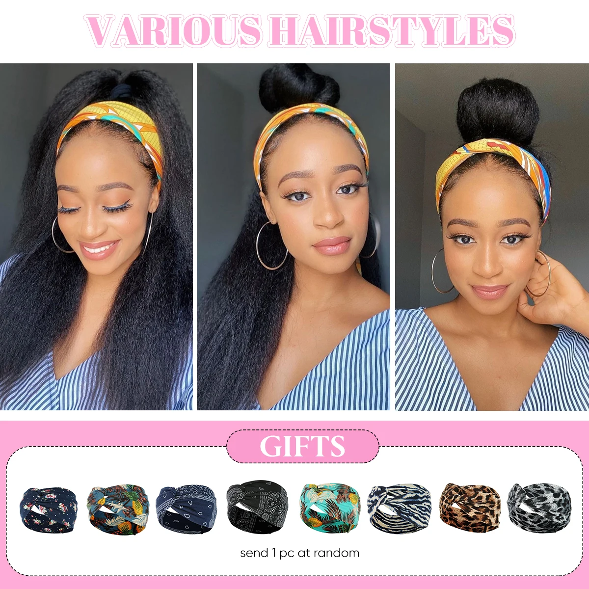 Wholesale YaKi Straight Headband Afro Wigs For Black Woman Glueless Headband Wig Synthetic Wig Heat Resistant For Women Hair