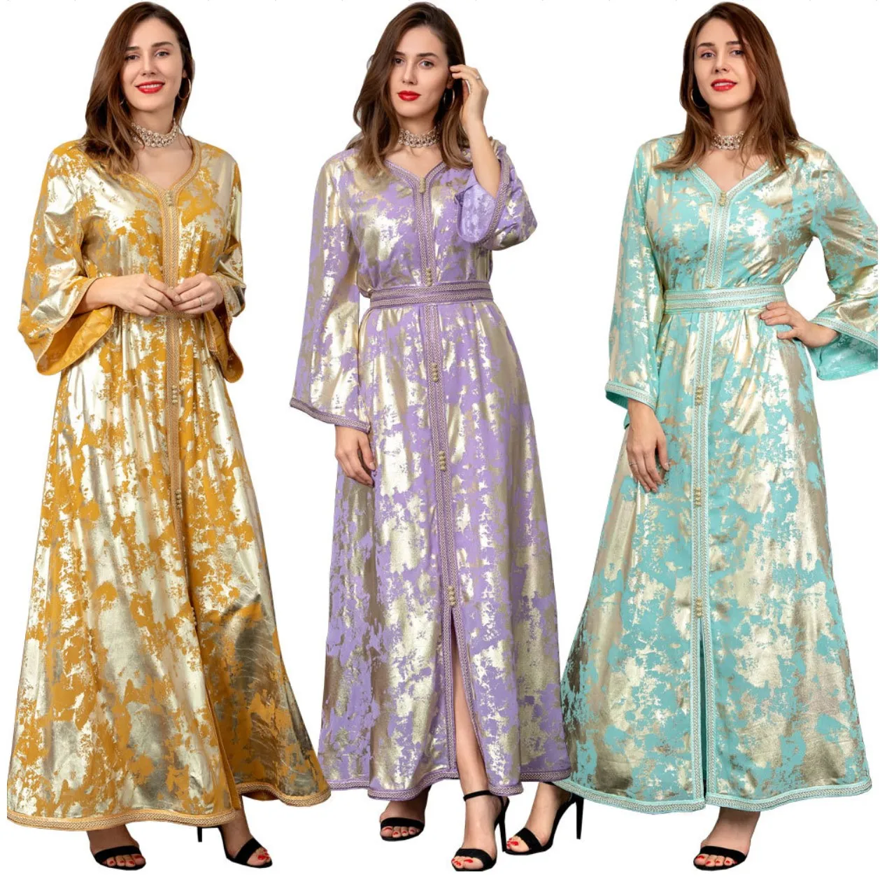 Latest Dubai High Expensive Islamic Clothing Muslim Women Chiffon Kaftan Abaya Turkey Maroccan Dress With Gilding  Gold Blocking