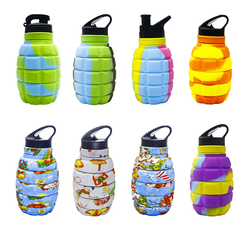 Collapsible Handle Grenade Sport Water Bottle Food Grade Silicone Outdoor Biking Hiking Kettle With Hook Mountaineering Buckle