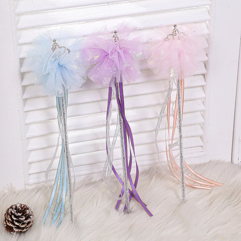 Princess Party Kids Girls Cosplay Costumes Tulle Magic Wands Lovely Crown Sparklers Glitter Fairy Stick Fairy Wand with Ribbons