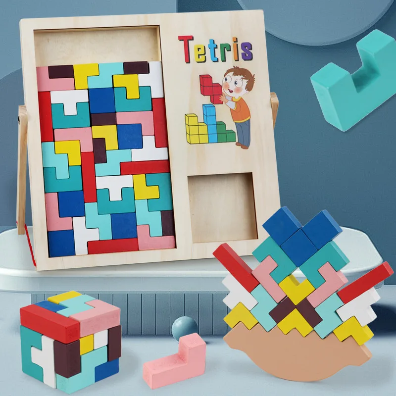 Wholesale Wooden Jigsaw Puzzle Tetris Balance Game Educational Toy for Kids 3-in-1 Spatial Thinking Dropshipping