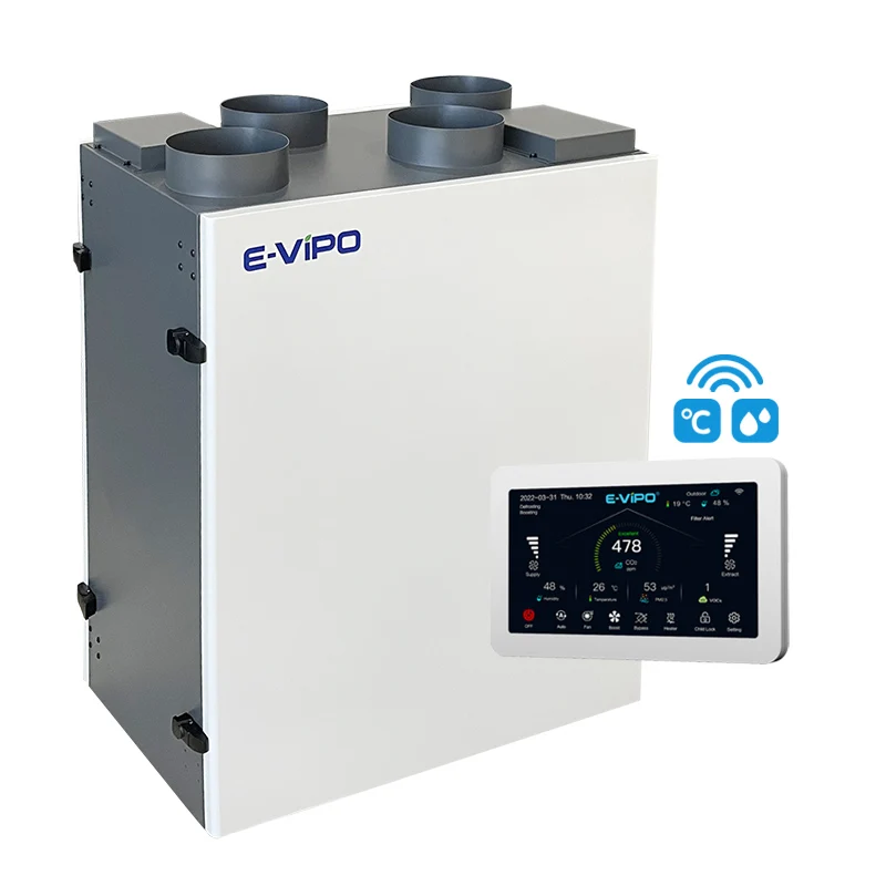 E-VIPO Energy Recovery Bypass ERV Ventilation with Freecooling Counterflow Heat Exchange Recuperator Floor Stand