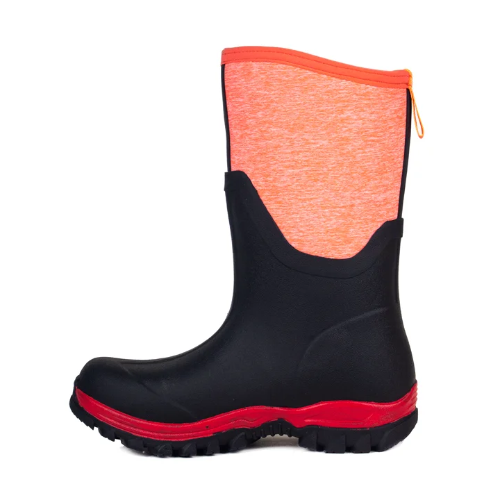 Orange 100% rubber and 6mm neoprene rubber rain boots double color sole durable rubber boots.
