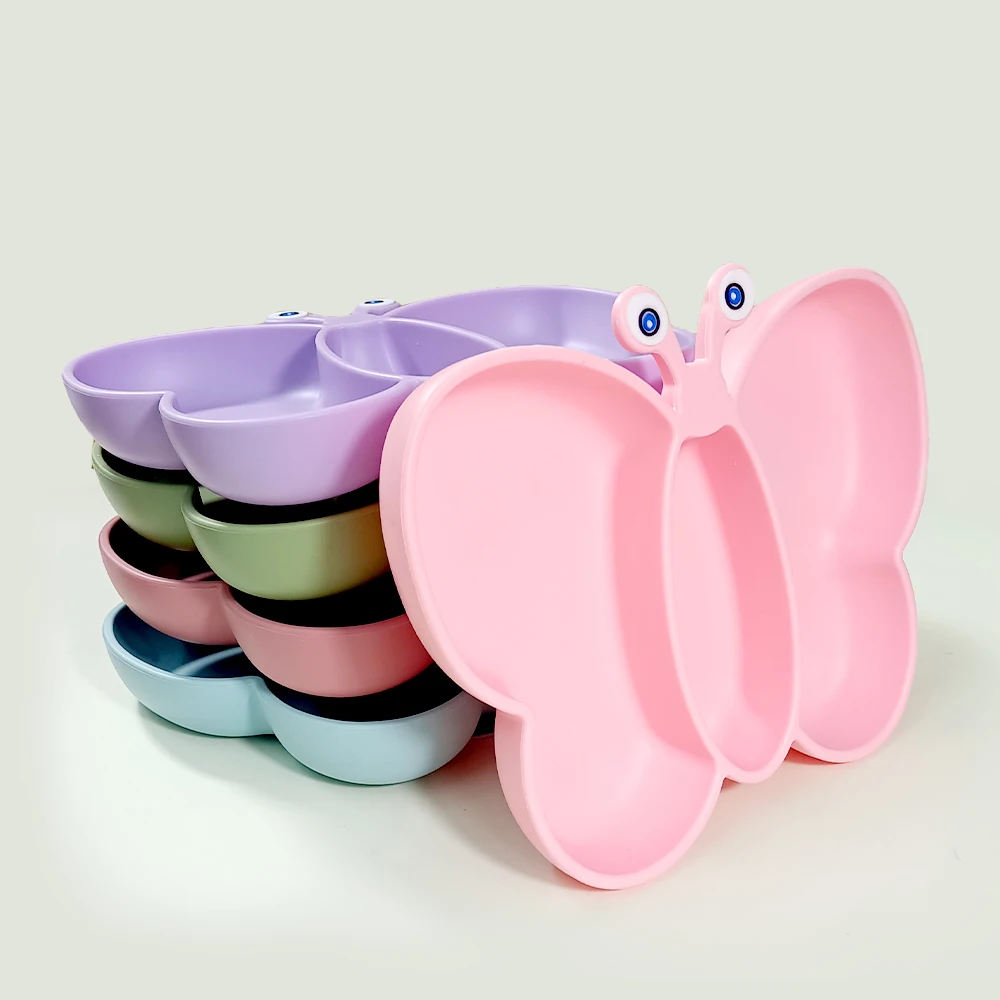 EU CE LFGB Standard Silicone Baby Plate Custom Logo Dinner Plato 100% Food Grade Plain Color Butterfly Plato With Cutlery