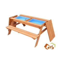 Children fir wood picnic table  with fabric umbrella and water basin plastic sand box