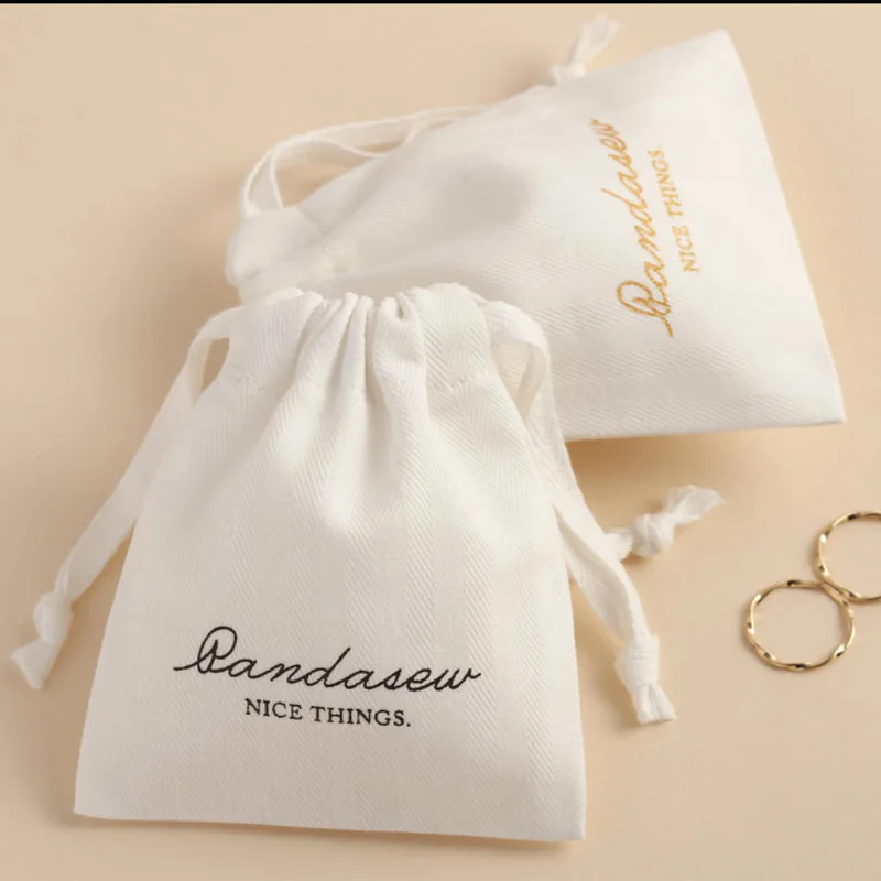 eco friendly Cotton Gift perfume Bags Gold Ribbon Logo Dust Sack drawstring jewelry Pouches