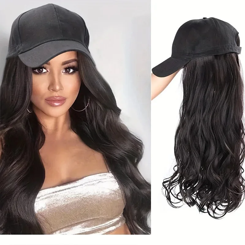 Wholesale Super Quality Long Wavy Natural Wig With Hat Women Heat Resistant Synthetic Hair Wigs Artificial Hair Fiber