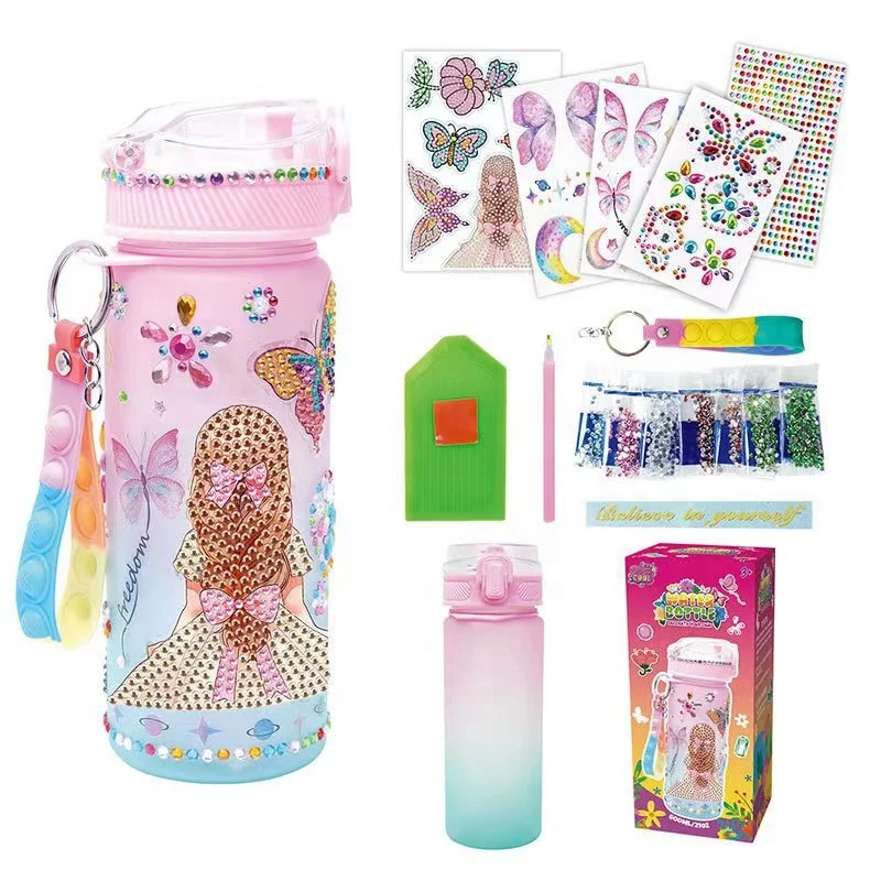 6 Design DIY Gemstone Crafts New Trending Cartoon Kids DIY Bling Diamond Paint Plastic Children Tumbler Cup With Gem Stickers