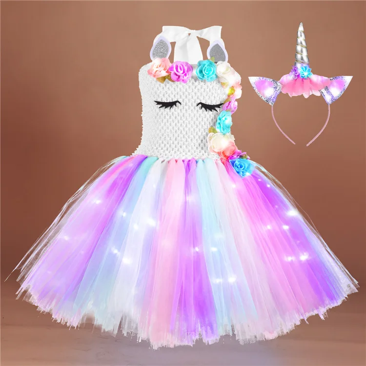 Hot Selling Fashion LED Light Glowing Sets  Clothing Uni corn Tutu Girls Christmas Dress Puffy Dresses