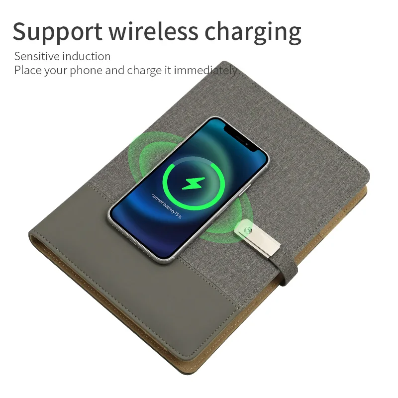 Wholesale A5 Loose-Leaf Notebook with wireless charger and Power Bank custom made logo Power Bank Diary with Gift Box for gifts