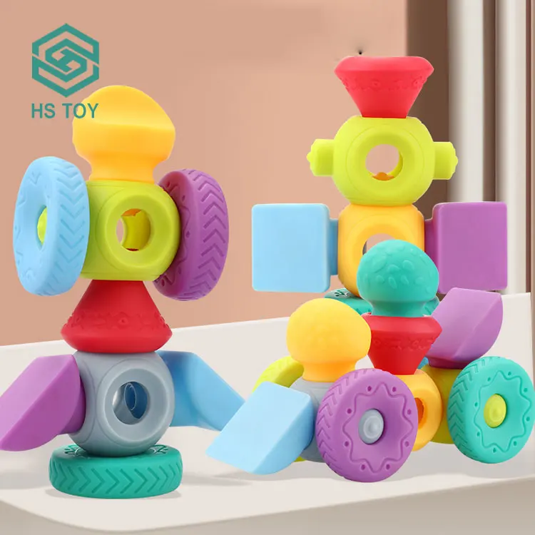 HS DIY Early Educational Soft Glue Silicone Baby & Toddler Toys New Soft Play Building Blocks Puzzle With 13 PCS