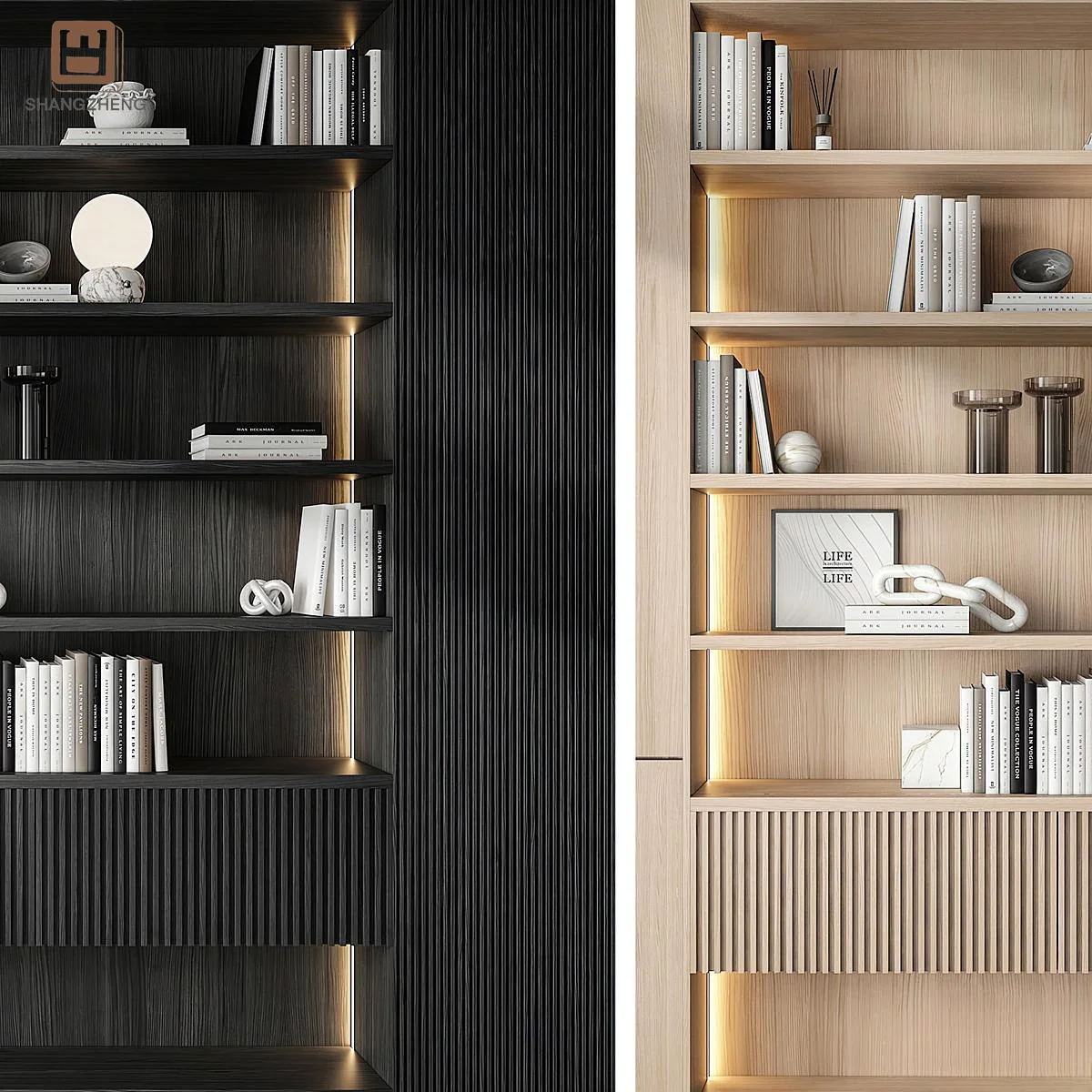 Dual Minimalist Bookshelves Black Light Modern Decorate Extendable Home Office Apartment Kitchen Bathroom Use MDF Steel Material