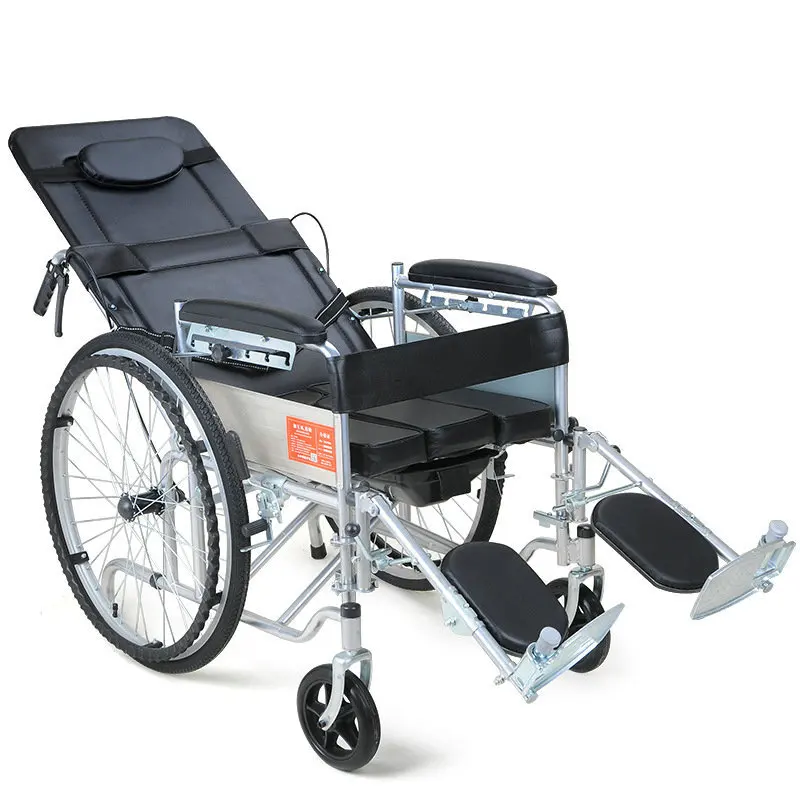 Lying Flat Wheelchair with Imitation leather Thickened Steel Pipe Foldable and Portable With Toilet Wheelchair for Commuting