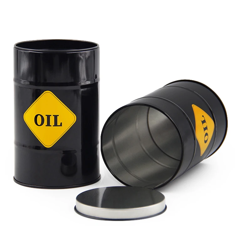 Wholesale Customized Round Black Gold Silvery Oil Drum Shape Toy Metal Can Coin Bank Money Saving Box Gfit Tin Box for Kids