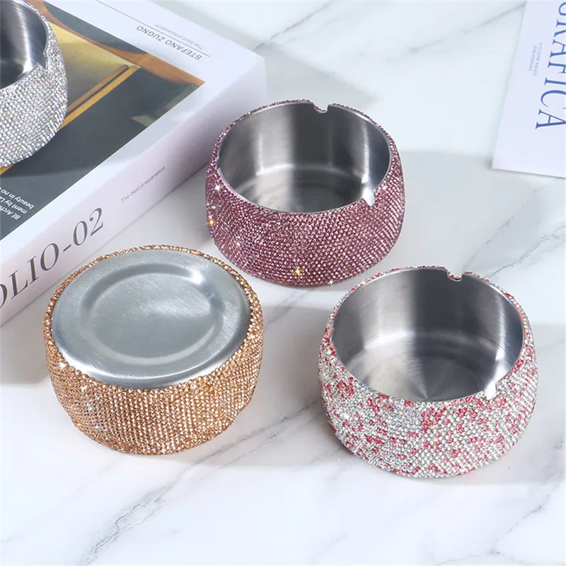 Luxury Bling Crystal Diamond Rhinestone Stainless Steel Multi-function Decoration Accessories Windproof Cigars Cigarette Ashtray