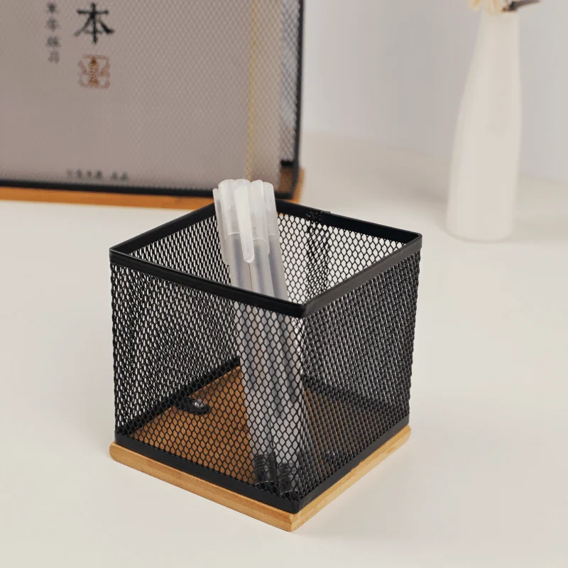 office organizer Wood Base Metal Mesh Pen Holder pencil hold Wooden base high-end storage box desk organizer