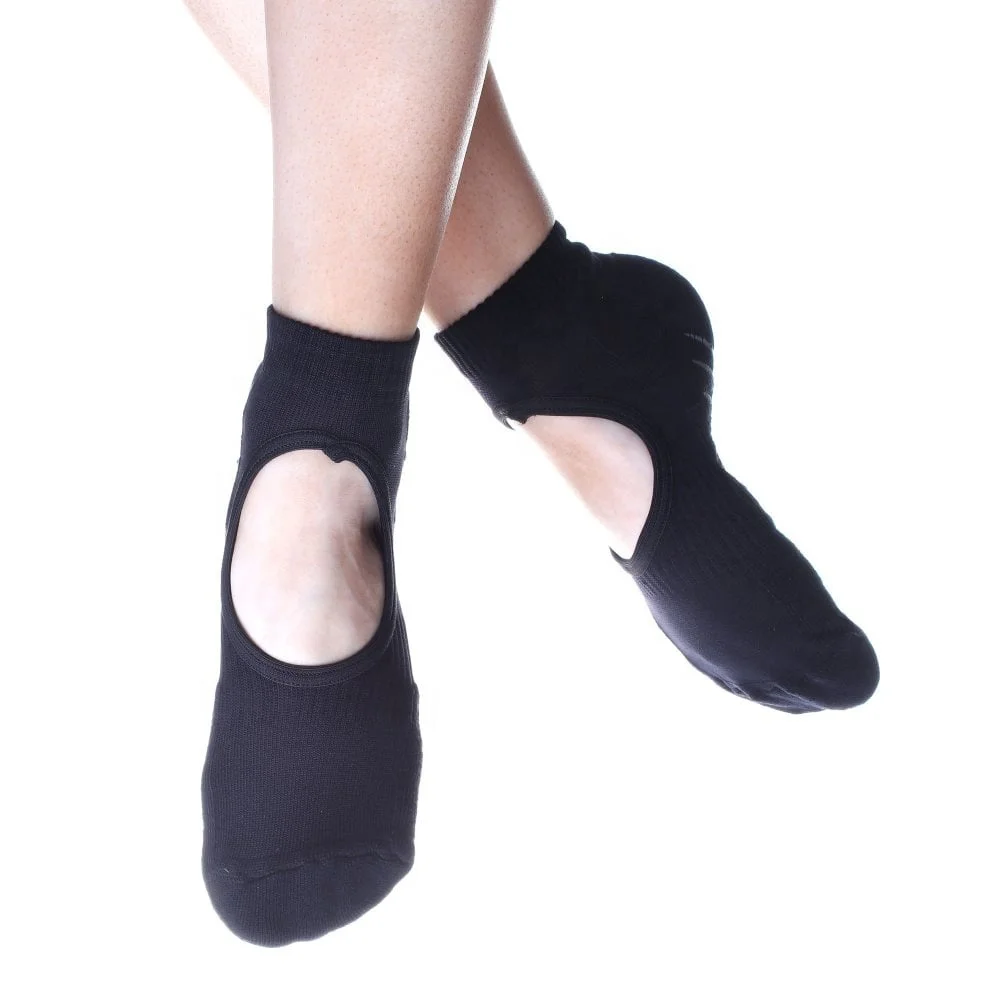 AJ19507 Custom Black Cotton Wholesale Women Cutout Hole Yoga Fitness Grip Toeless Socks