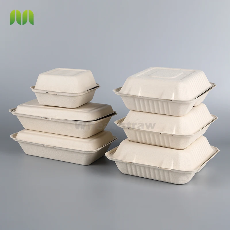Disposable Biodegradable sugarcane bagasse pulp food container take away Lunch Box with lid