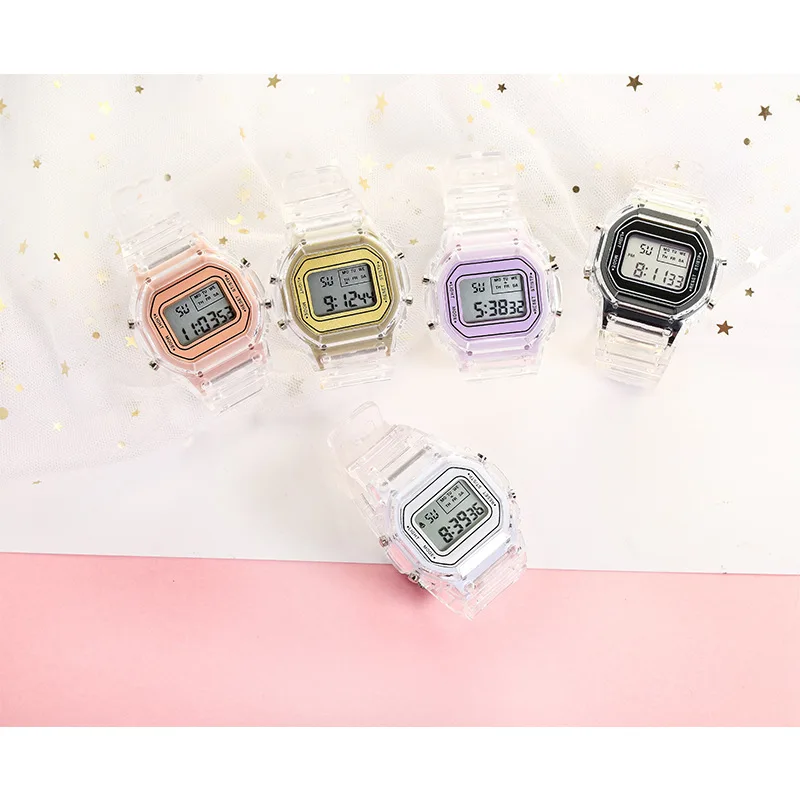 Factory Wholesale High Quality couple Style Students Waterproof Transparent Small Square Sport Digital Wrist Watch