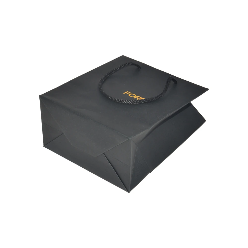 Luxury Gold Foil Logo Custom Branding Jewelry Gift Bag Packaging Kraft Paper Matt Black Shopping Bags with Nylon String Handle