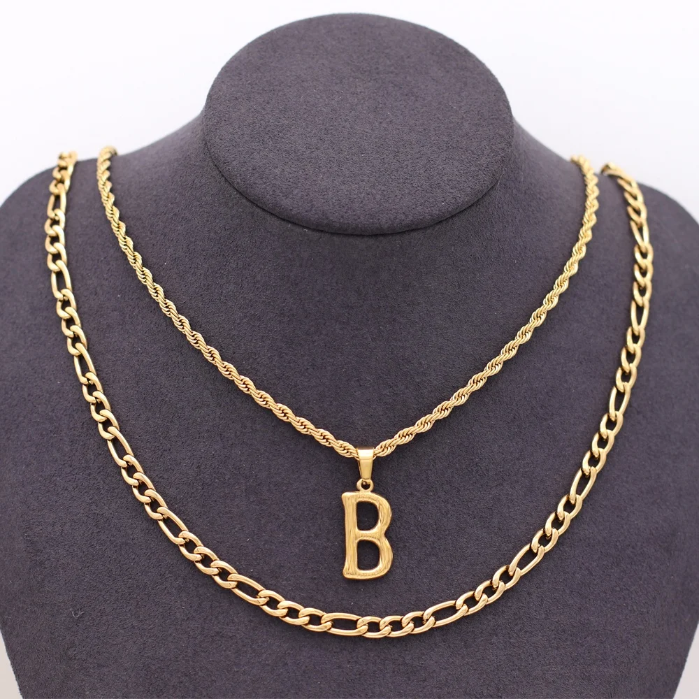 Personalized minimalist 18K gold plated new bamboo joint English letter B pendant necklace trend cool conventional chain set.