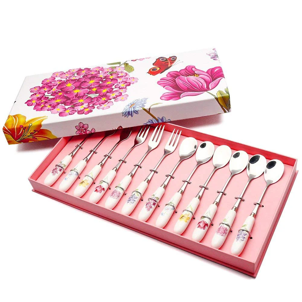 High Quality 12 PCS Spoon and Fork Sets Ceramic Handle Stainless Steel Cutlery Tea Forks Spoons