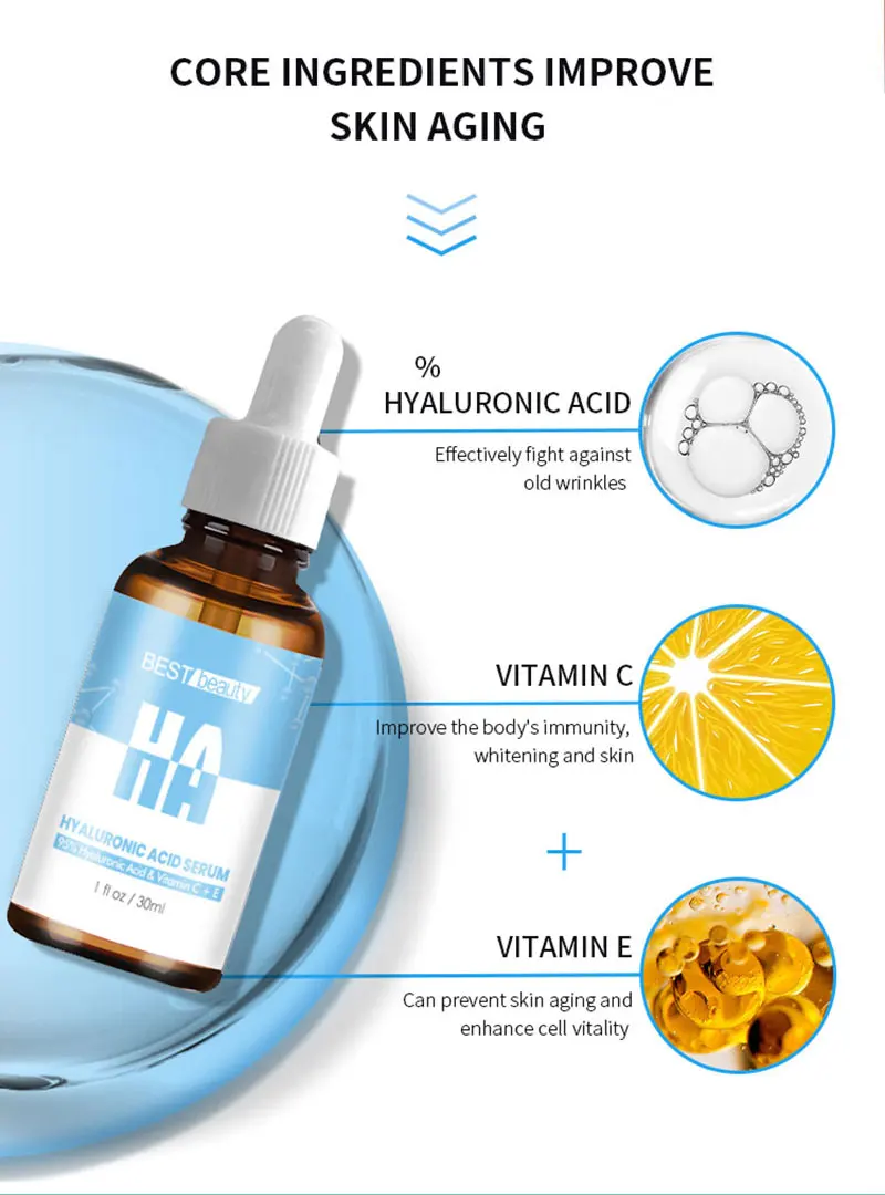 OEM&ODM Pure Hyaluronic Acid Serum Moisturizing Inflammation Reducing Anti-wrinkle Facial Serum With Hyaluronic Acid Vitamin E
