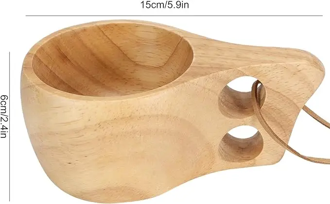 Wooden Camping Mug Wood Camp Mug with Leather Lanyard Nordic Style Wood Mug Drinking Cup Portable Hiking Tableware