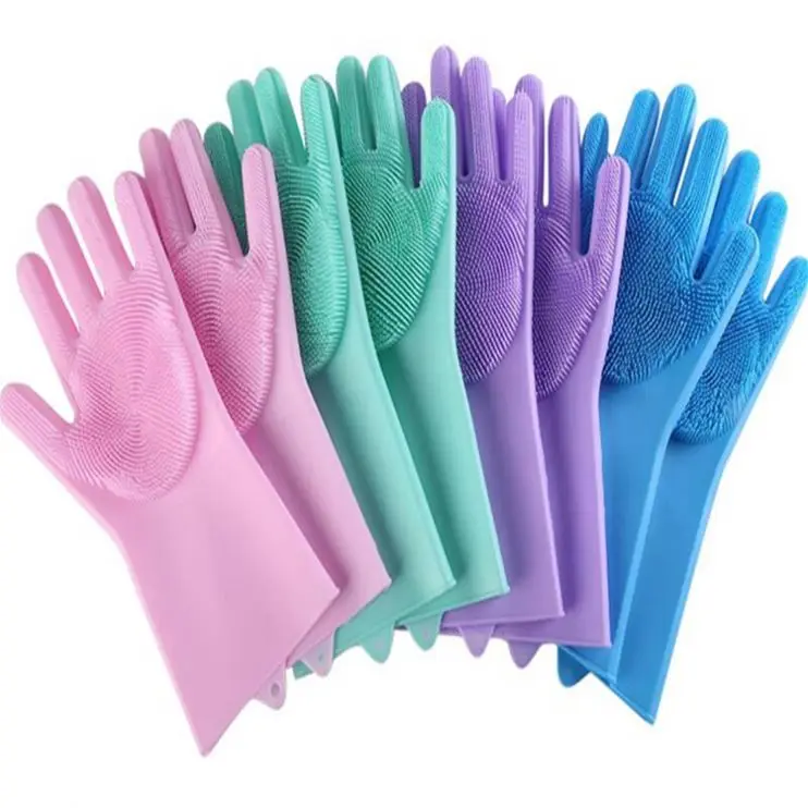 Hot sale Dish washing Cleaning silicone gloves Magic Silicone Rubber Sponge glove for washing pets Household