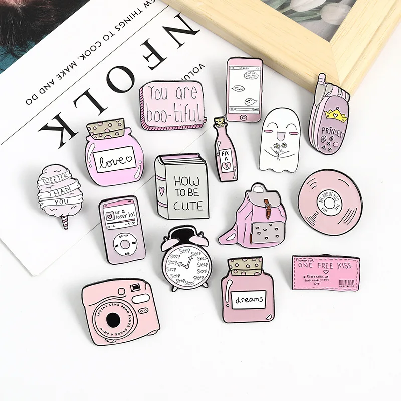 Cartoon creative pink series jewelry brooch personality pink schoolbag alarm clock potion bottle brooch accessories badge