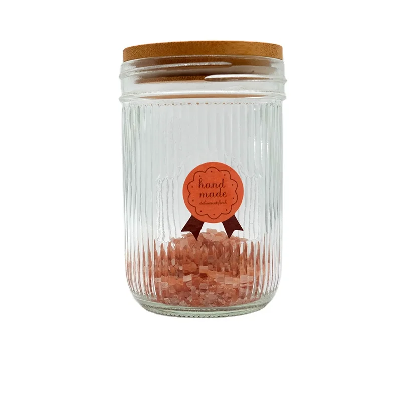 Vertical Lovely Mason Storage Jar Regular Glass Storage Jar Food Grade Jam Sauce Peanut Butter with Wood&Metal Cap