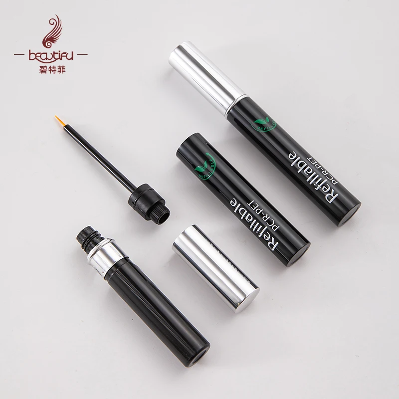 OEM empty repeatable cosmetic packaging 100% pcr 8ml luxury black silver refillable empty eyliner bottle eyelash serum bottles