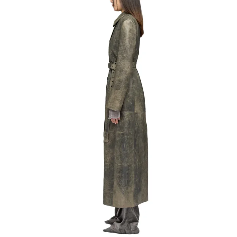 New Arrivals Wholesale Fashion Vintage extra Long Leather Coat With Its Webbing Tape Reinforced Backside and Metal Eyelets