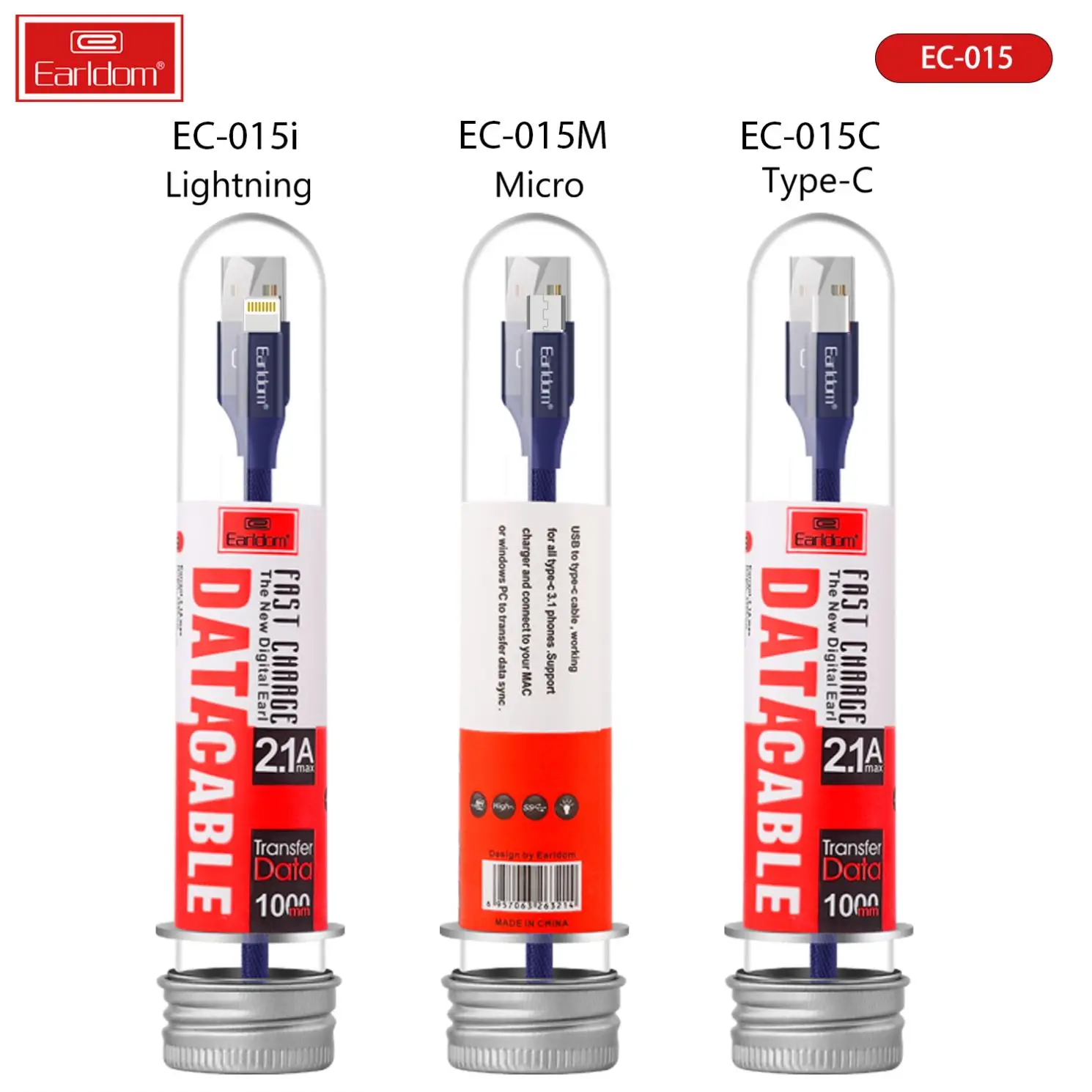 Earldom Fast charging Cable hook cell phone data cable charging type c usb cable in tube display 30pcs/Set