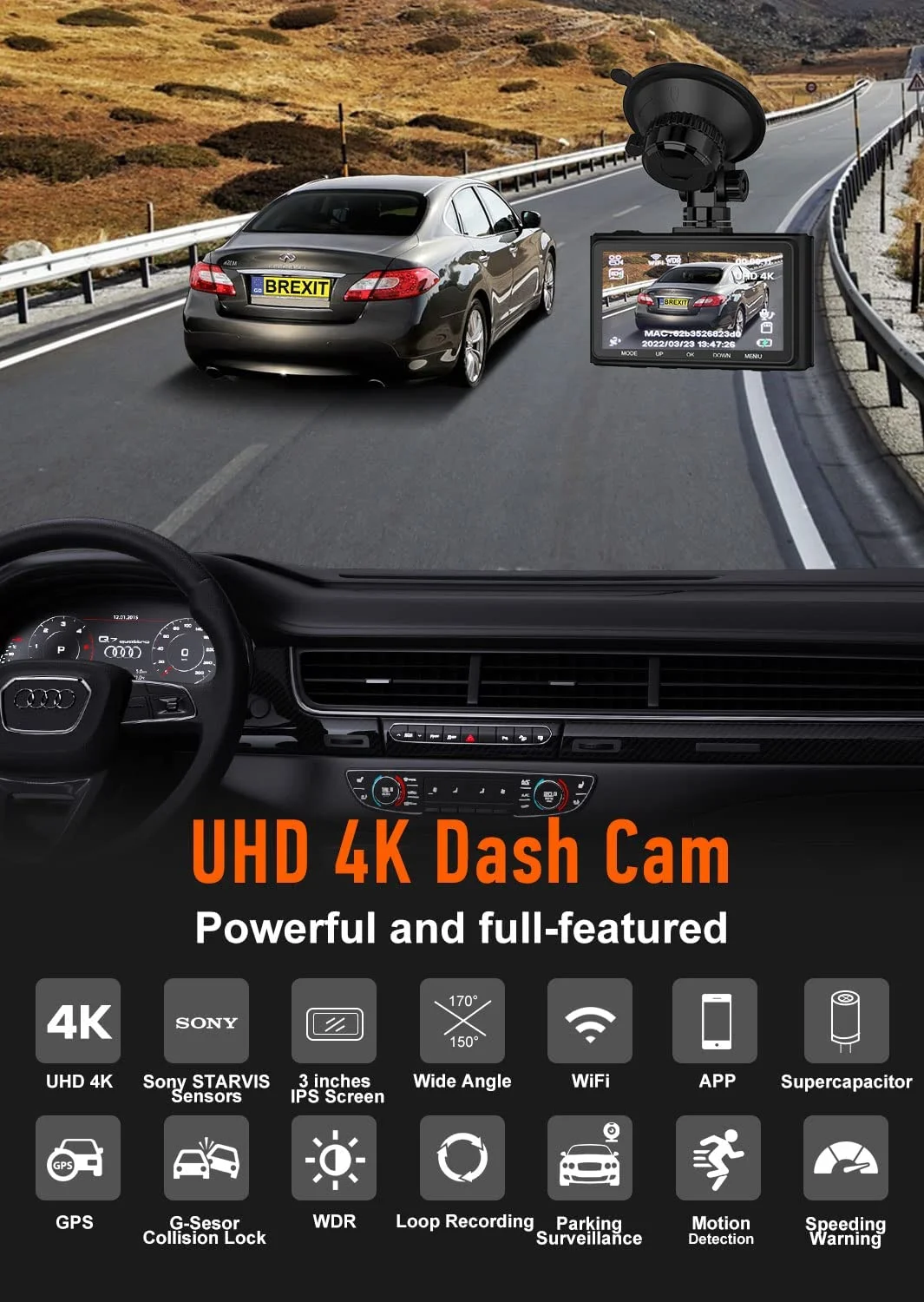 High quality sony sensor MIX335 car black box night vision 4K dash cam with wifi gps tracking system