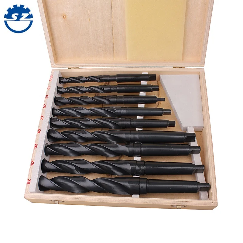 
DIN 345 9pcs Wooden Box Packing Black Oxide HSS Taper Shank Twist Drill Bits Set for metal drilling 