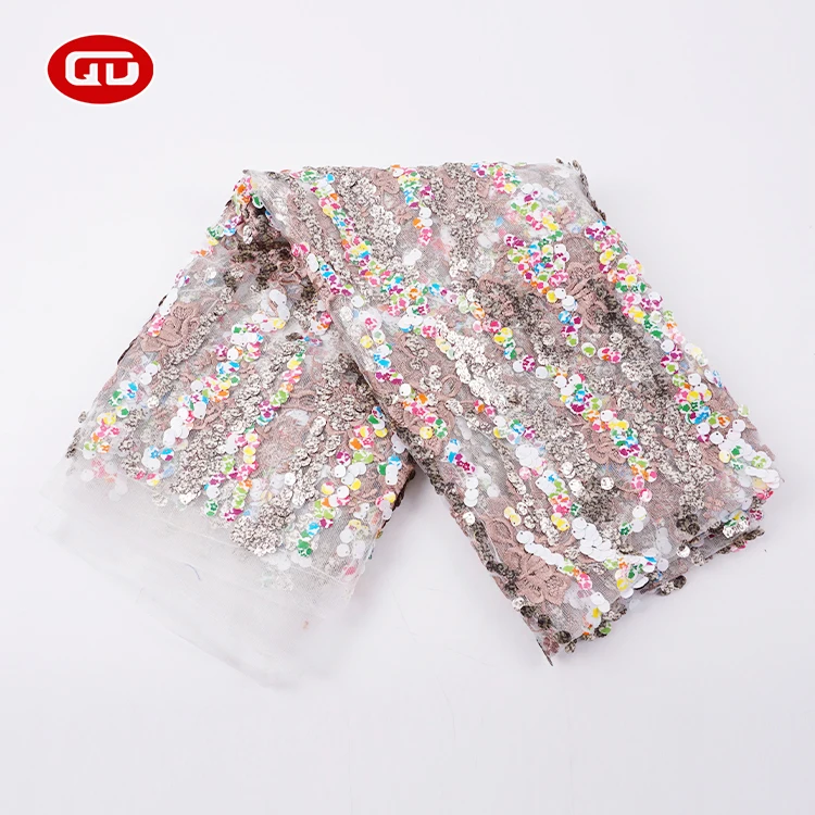 High quality mesh Sequin Embroidered Fabric multicolor sequin mesh fabric for lady  party dress