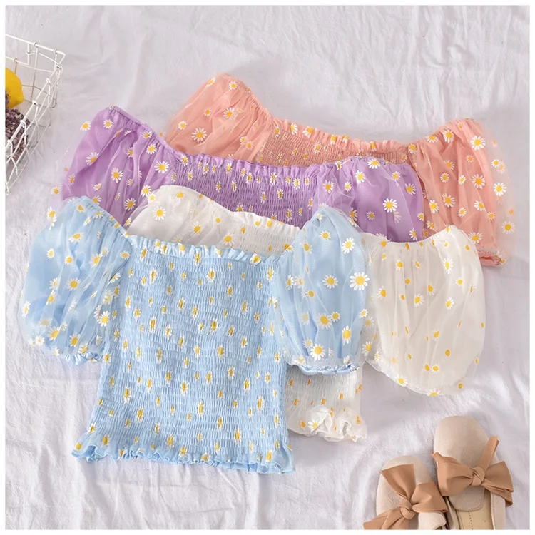 New 2020 Chic Stylish Daisy Floral Print Elastic Slash Neck Puff short Sleeve Blouse Ladies Chic Summer Cop Tops