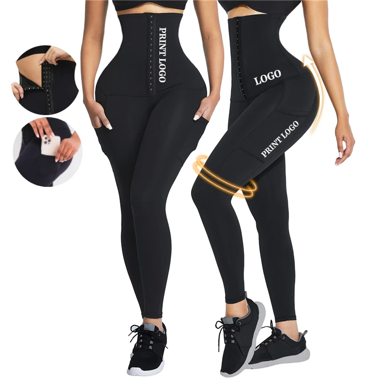 HEXIN Dropshipping Custom High Waist 3 Hooks Slimming Waist Trainer Corset Yoga Leggings With Pocket