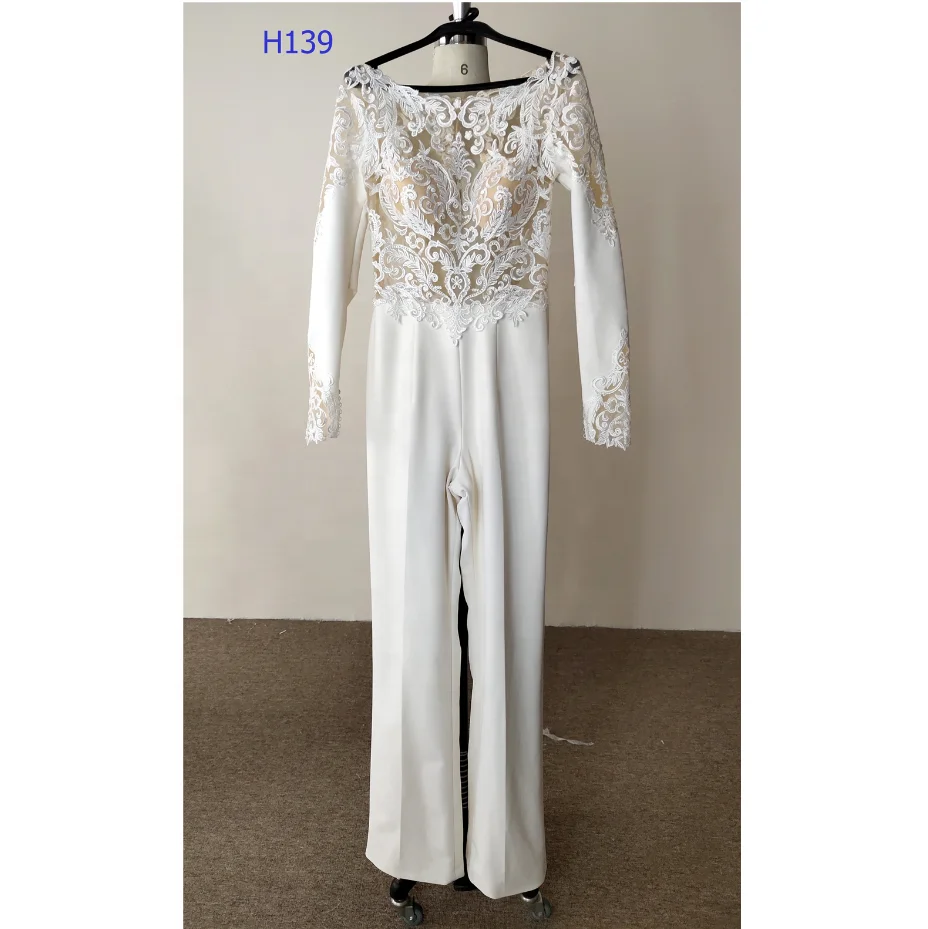 cool crepe Wedding jumpsuit long sleeve lace angle length  v back sexy simple design wedding gowns bridal dress