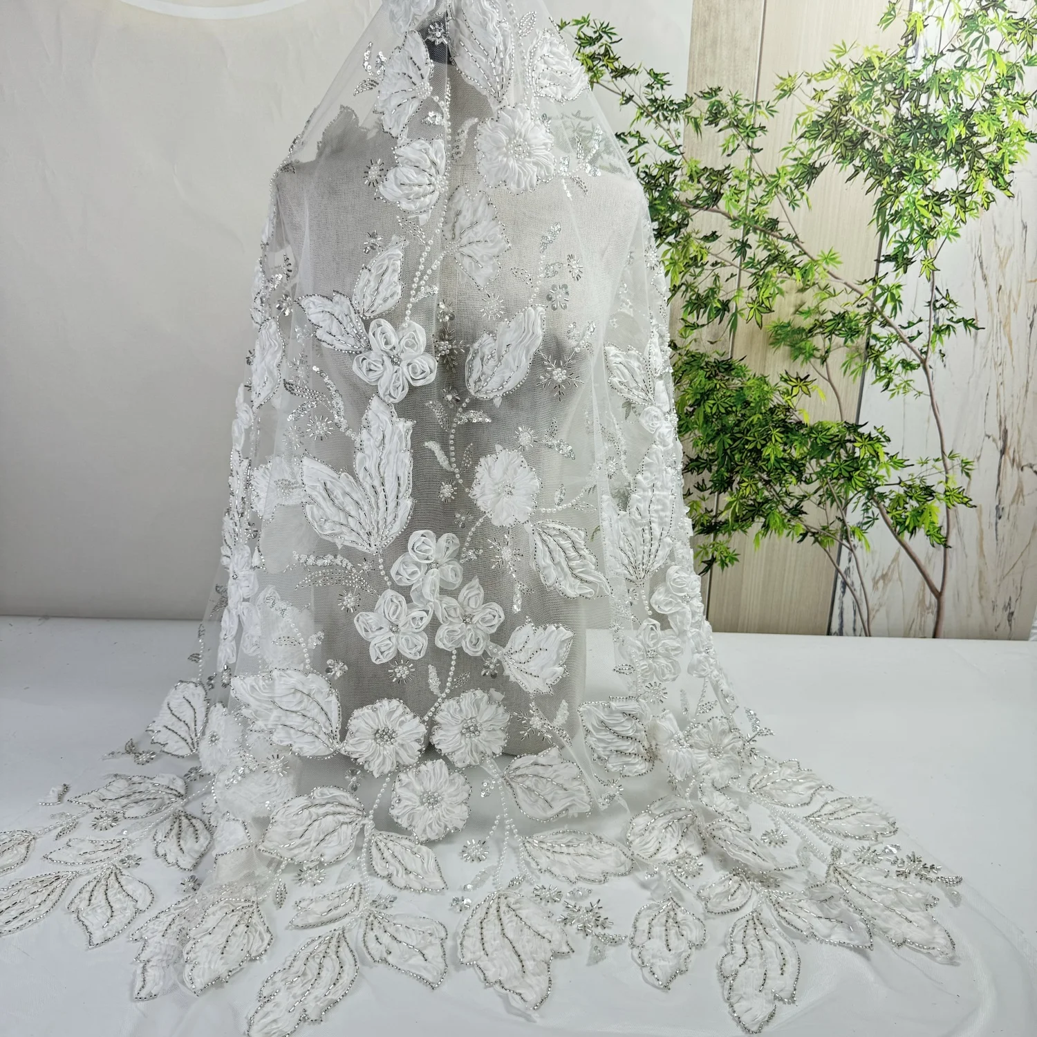 LH High Quality Flower Rope 3D Beaded Pearl Lace Fabric Bridal Stage Glitter Sequin Embroidered Fabric For Wedding Dress