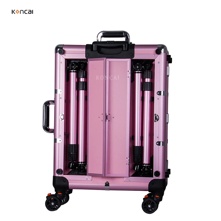 KONCAI Aluminum Make-up Case Artist Professional Rolling Trolley Beauty Makeup Cosmetic Case with Mirror Light