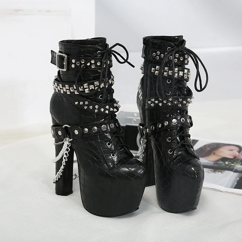 China Factory New Style Zipper Dress Shoes Chain High Heel Metal Button Rivet Stiletto Spike Femmes Mujer Black Ankle Boots