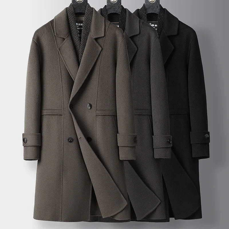 Fall/winter High-end Pure Wool Single Breasted Coat for Men Shawl Collar Goose Down Inner Lining Double-sided Woolen Long Jacket