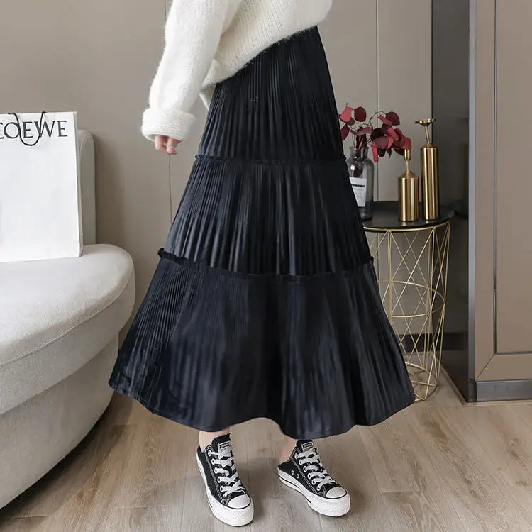 Popular autumn winter women skirt long velvet pure color high waist casual pleated skirts
