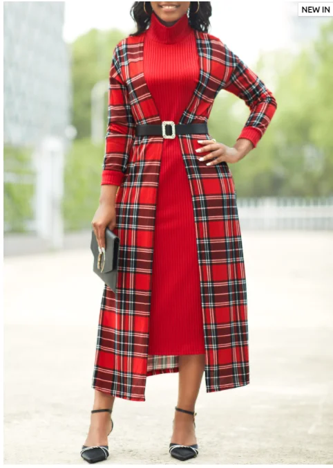 2022 winter clothes Fake 2in1 Tartan Print Wine Red Dress