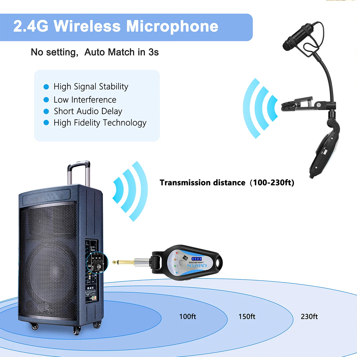 KIMAFUN KM-G306-3 2.4G Professional Instrument Wireless Saxophone Microphone for Saxophone Tuba Trumpet with MIXER Amplifier