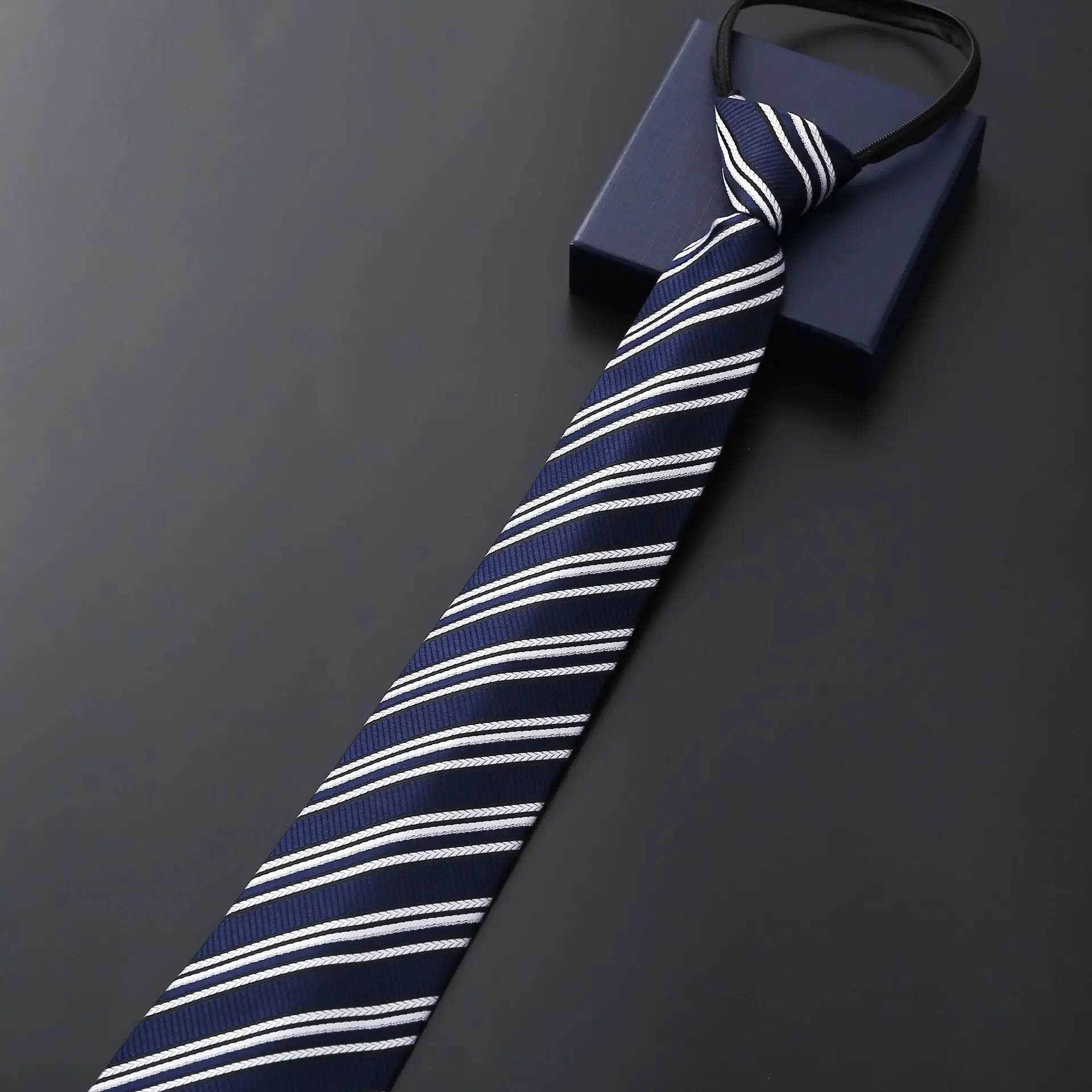 Men Business Formal Zipper Groom Wedding Blue Stripe Korean Style Black Lazy Tie