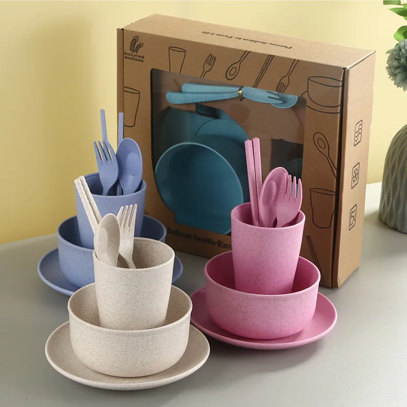 Wheat straw six-piece set thick cutlery household dining suit plate Bowl Cup Saucer spoon Fork chopsticks sets suit